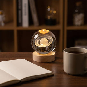 Lampe boule de cristal gravée Saturne posée sur un bureau près d'un carnet ouvert