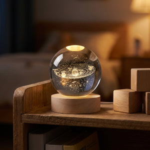 Lampe boule de cristal gravée système solaire posée sur une étagère en bois
