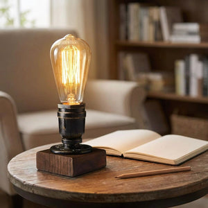 Lampe de bureau vintage allumée sur une table basse avec un carnet ouvert