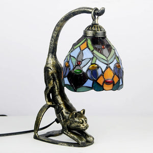 Lampe chat vitrail Tiffany motif mosaïque bleu et orange