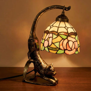 Lampe chat Tiffany variante Roses abat-jour vitrail fleuri rose