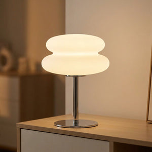 Lampe de chevet galet coloris blanc allumée