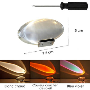 Schéma des dimensions de la lampe cristal avec le tournevis fourni et les trois couleurs de halo disponibles
