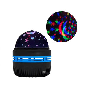Lampe connectée ronde noire et bleue avec dôme étoilé sur fond blanc