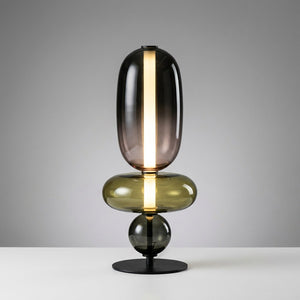 Lampe de table 3 globes verre fumé avec disque anneau olive variante Verte