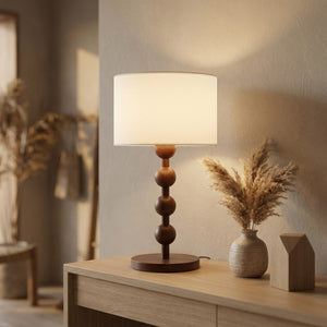 Lampe de table boulier bois sur console avec pampas, ambiance chaleureuse