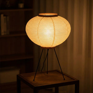 Grande lampe de table ronde en papier de riz style Noguchi, tripode métal, lumière chaude