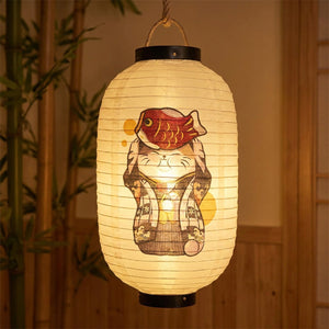 Lanterne japonaise motif chat chanceux maneki-neko avec chapeau poisson koi