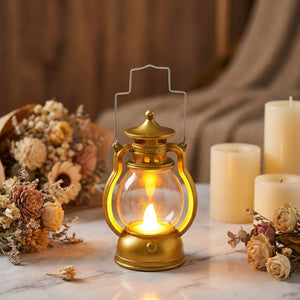 Lanterne LED rétro couleur dorée avec bougie vacillante allumée