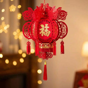Modèle Poisson lanterne chinoise rouge avec couronne de poissons et caractère doré