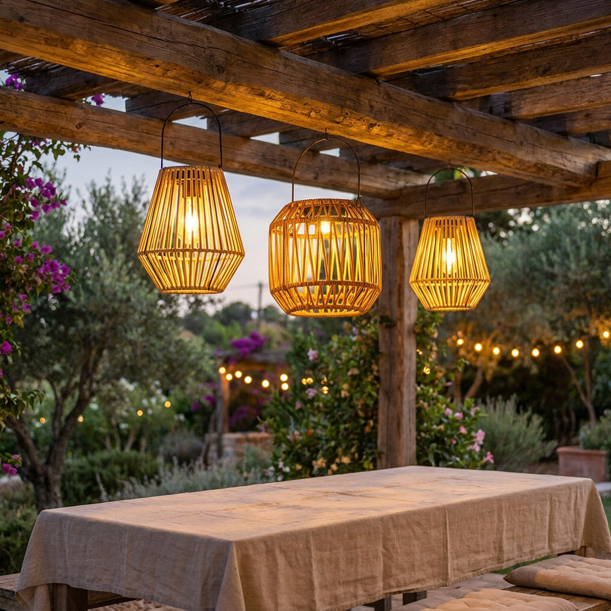 Lanternes solaires style rotin suspendues sous une pergola méditerranéenne au crépuscule
