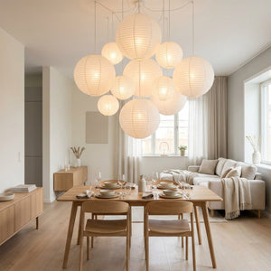 Lanternes papier blanc salle à manger scandinave table bois