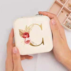 Boîte à bijoux de voyage initiale C dorée et fleurs bohème