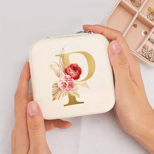 Boîte à bijoux de voyage initiale P dorée et fleurs bohème