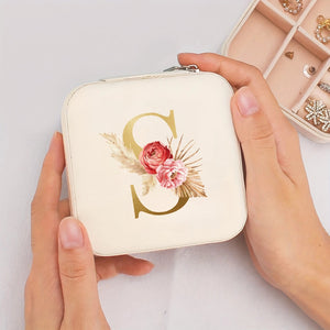 Boîte à bijoux de voyage initiale S dorée et fleurs bohème