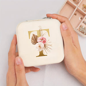 Boîte à bijoux de voyage initiale T dorée et fleurs bohème