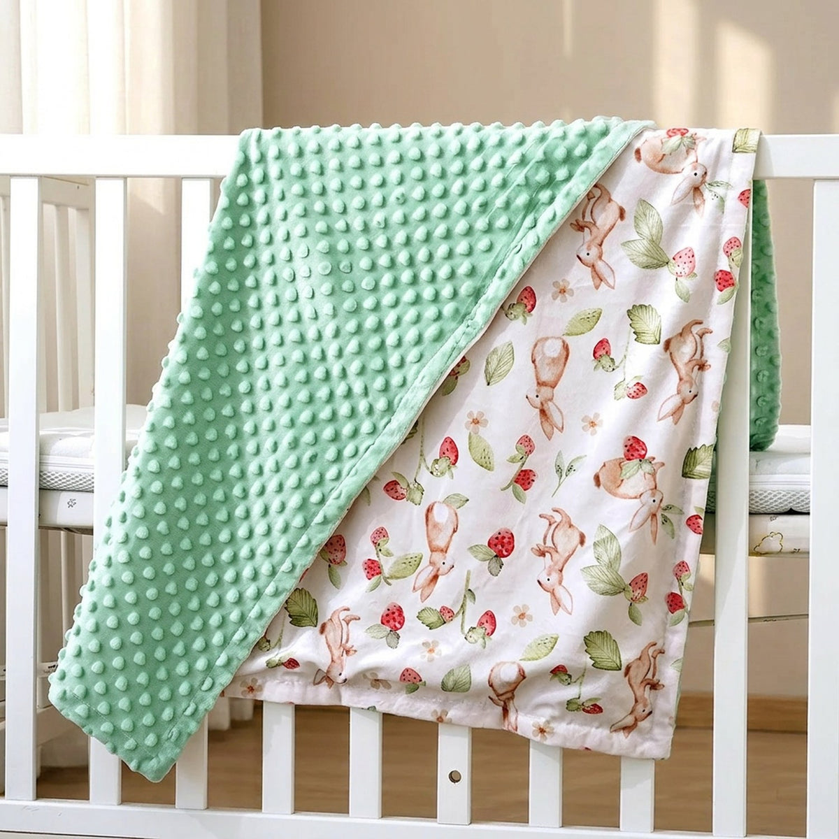 Couverture bébé à pois en relief drapée sur un lit à barreaux dans une chambre lumineuse
