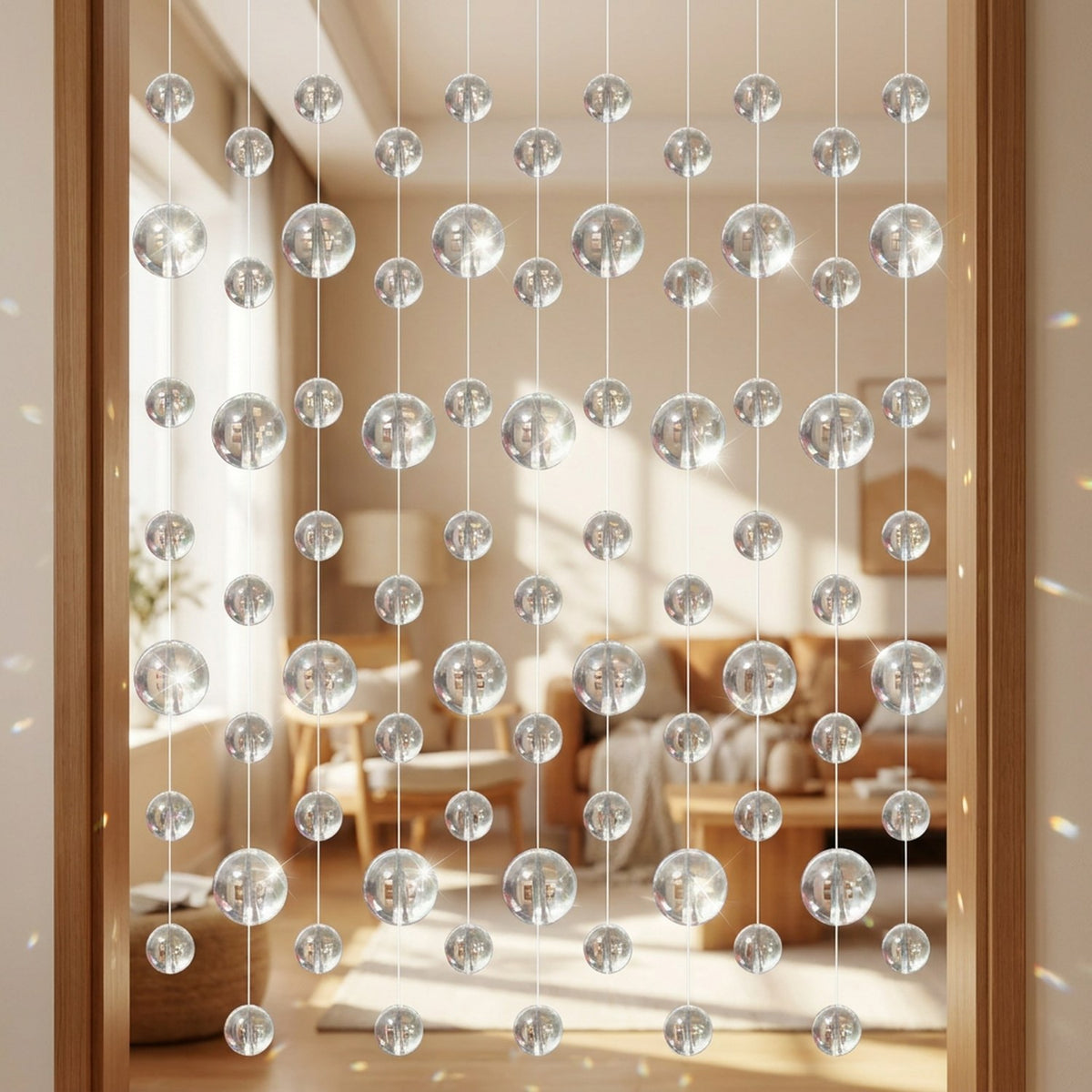Rideau de perles en cristal en séparation entre deux pièces baignées de lumière