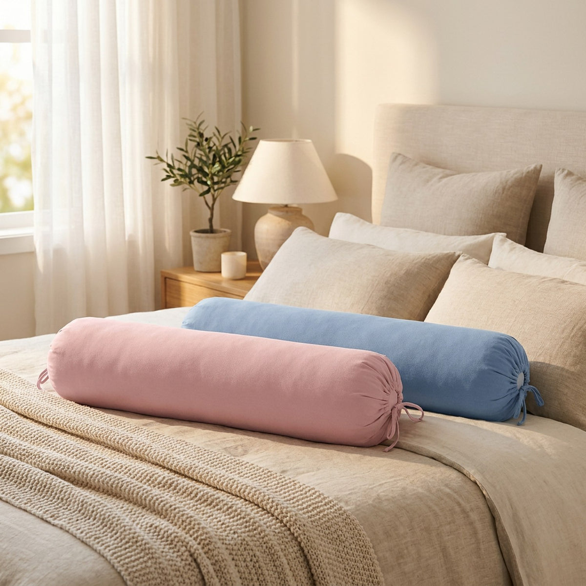 Traversins cylindriques rose et bleu clair posés côte à côte sur un lit lumineux