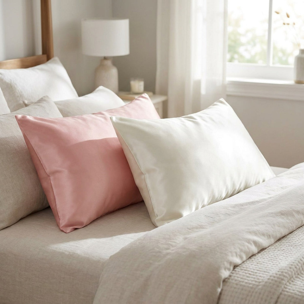 Taies d'oreiller satin rose et ivoire posées sur un lit lumineux le matin