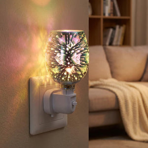 Brûle-parfum électrique lumineux branché dans un salon cocooning près d'un canapé