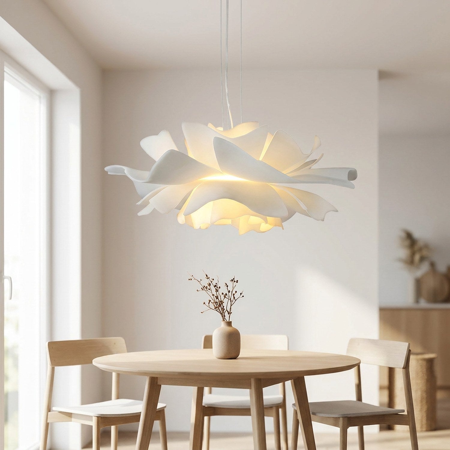 Suspension fleur acrylique blanc allumée au-dessus d'une table à manger scandinave