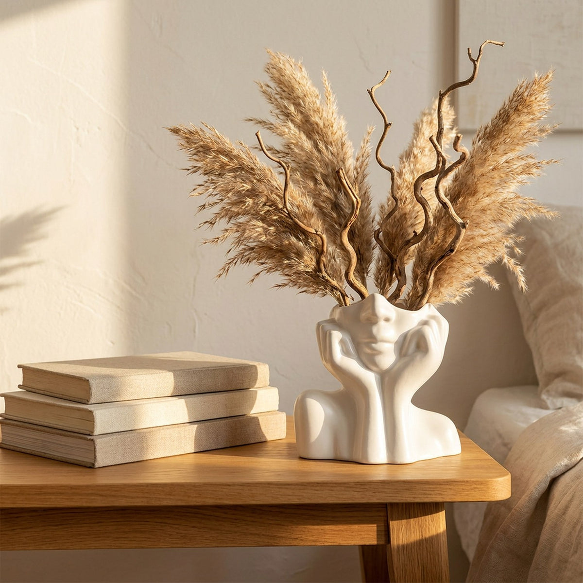 Vase en céramique visage abstrait avec pampas sur bureau bois style nordique