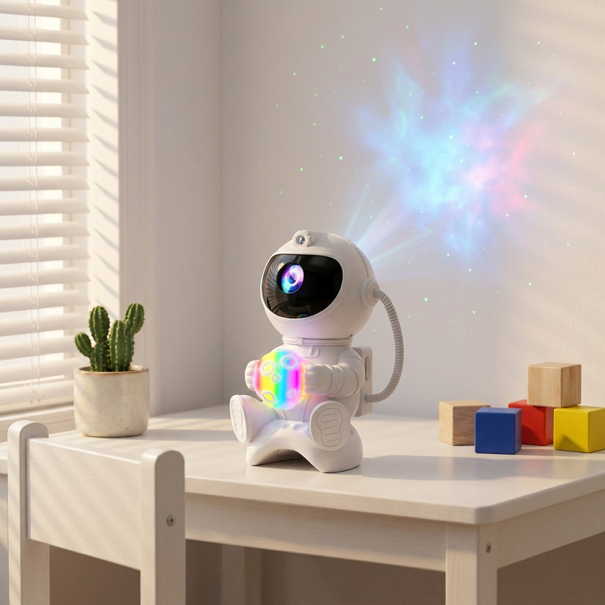 Lampe astronaute posée sur un bureau enfant avec cubes en bois et cactus