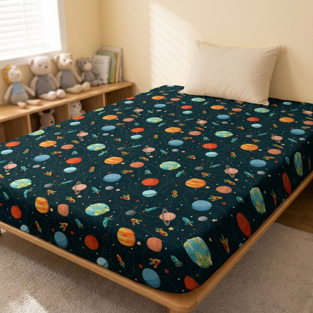 Drap housse cosmos sur lit dans une chambre d'enfant avec peluches sur étagère