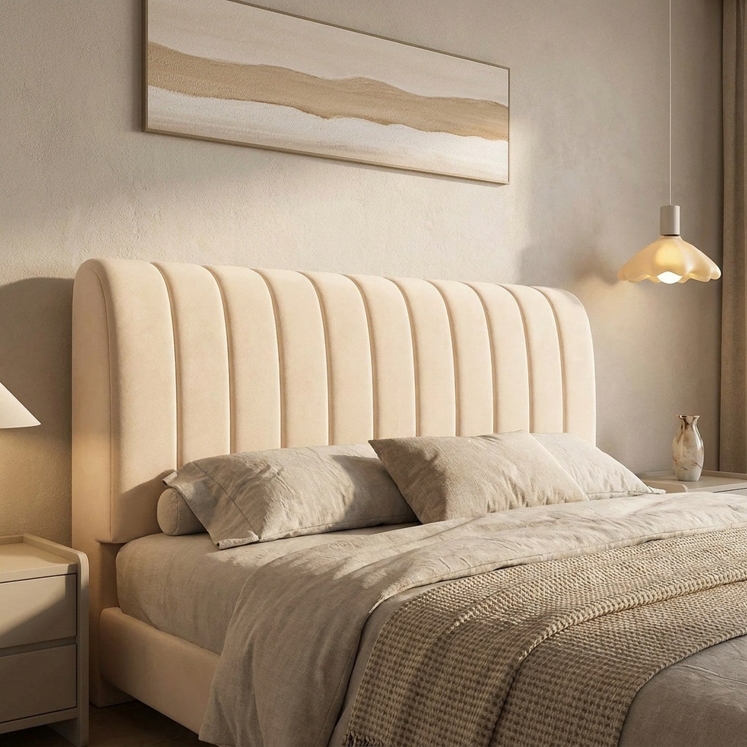 Housse de tête de lit beige capitonnée dans une chambre moderne épurée avec suspension dorée