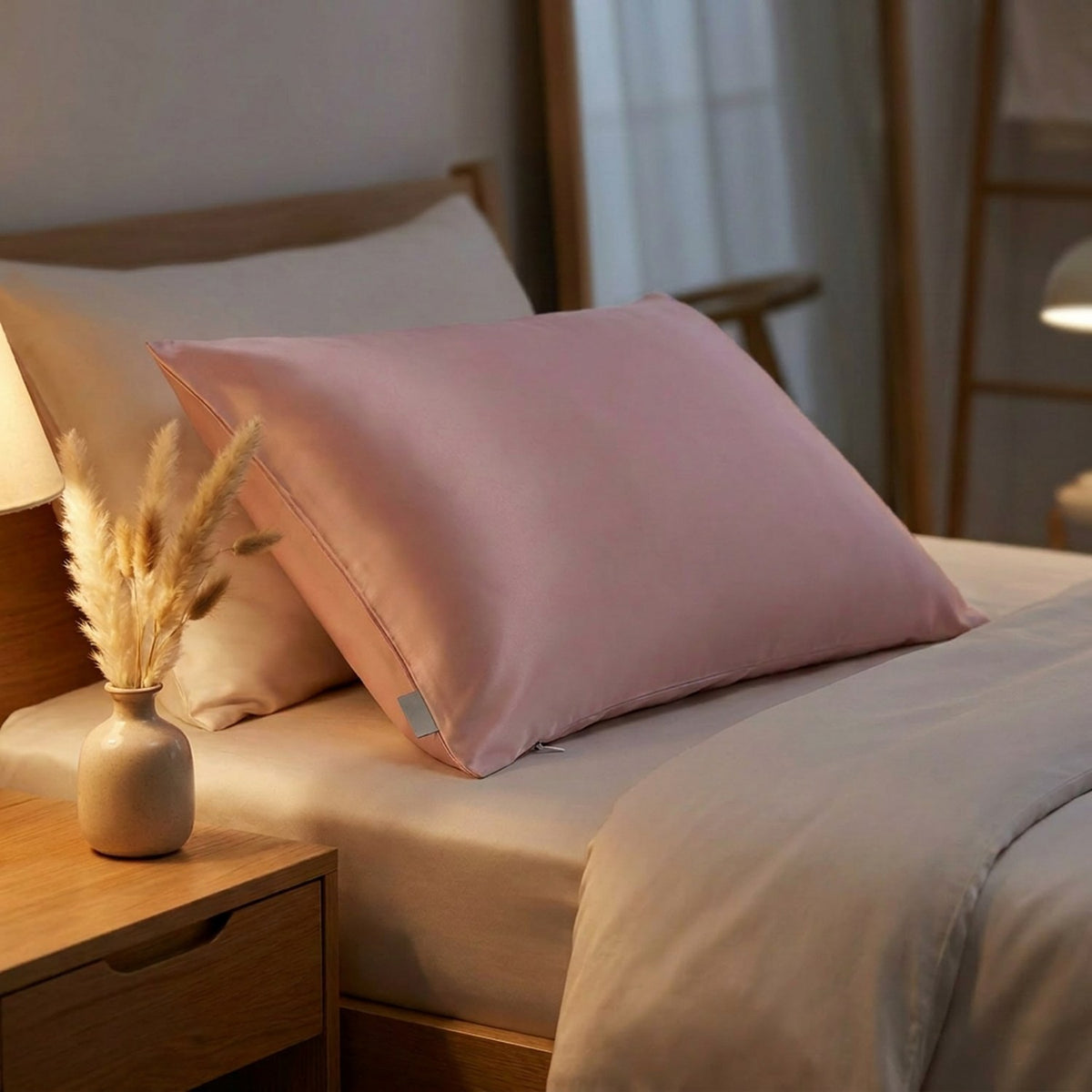 Taie d'oreiller en soie rose sur un lit avec un vase de pampas séchées sur une table de chevet en bois