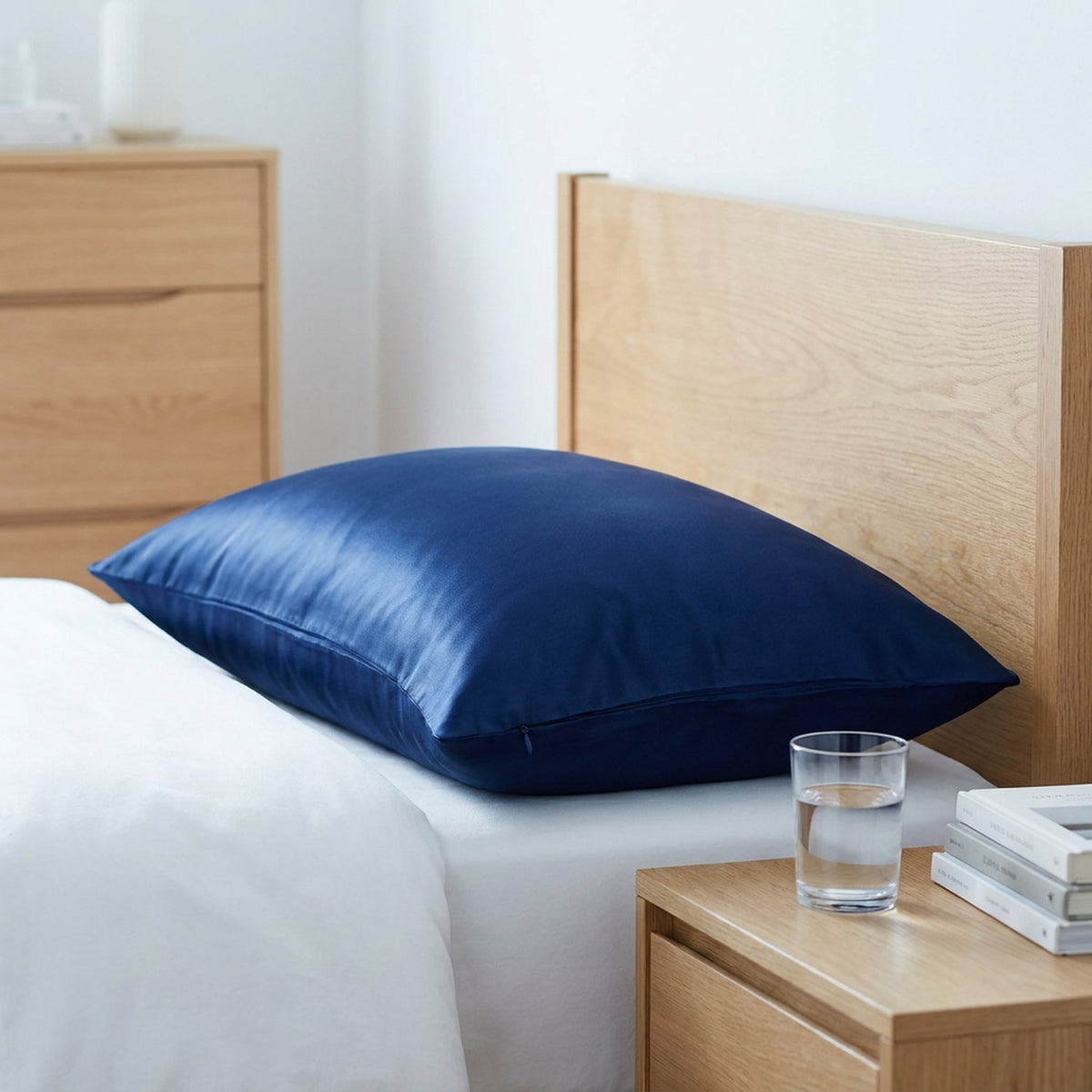 Taie d'oreiller en soie bleu marine sur un lit avec table de chevet en bois clair et livres