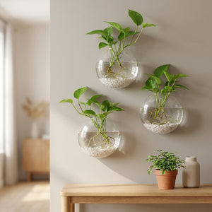 Trois vases muraux en verre avec pothos au-dessus d'une console en bois clair