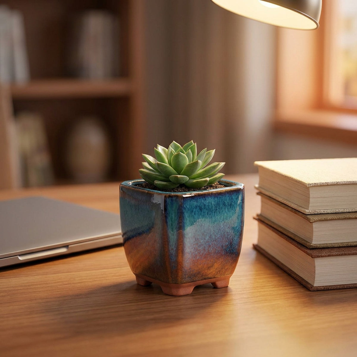 Pot à succulentes bleu avec plante sur un bureau en bois près d'une lampe