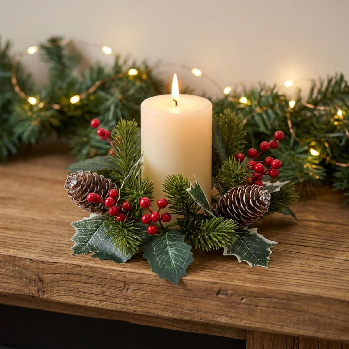 Couronne de Noël avec bougie allumée posée sur une cheminée avec guirlande lumineuse