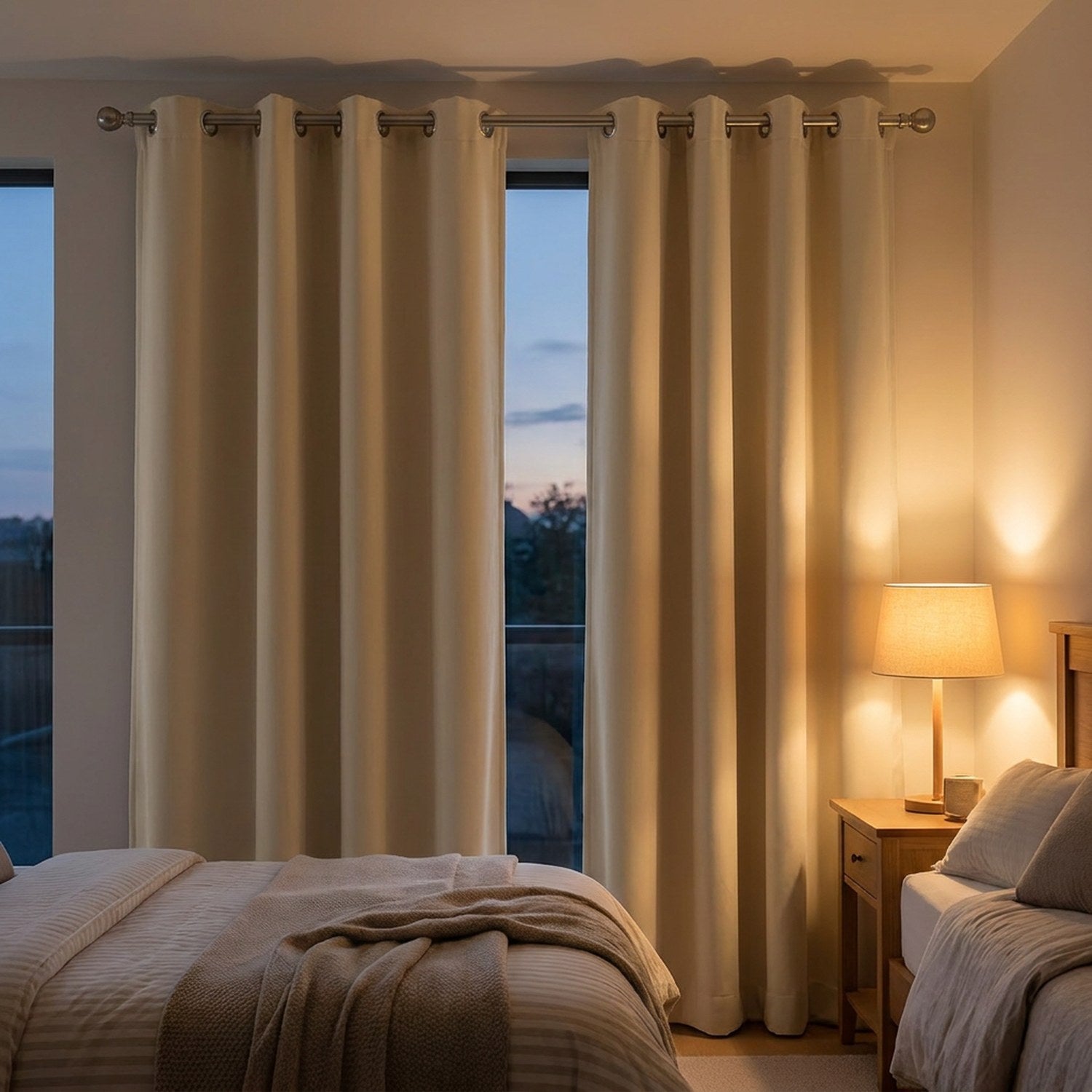 Rideaux isolants beige tirés dans une chambre chaleureuse au crépuscule