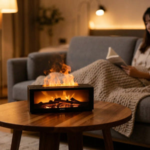 Diffuseur à effet flamme allumé sur une table basse dans un salon cocooning