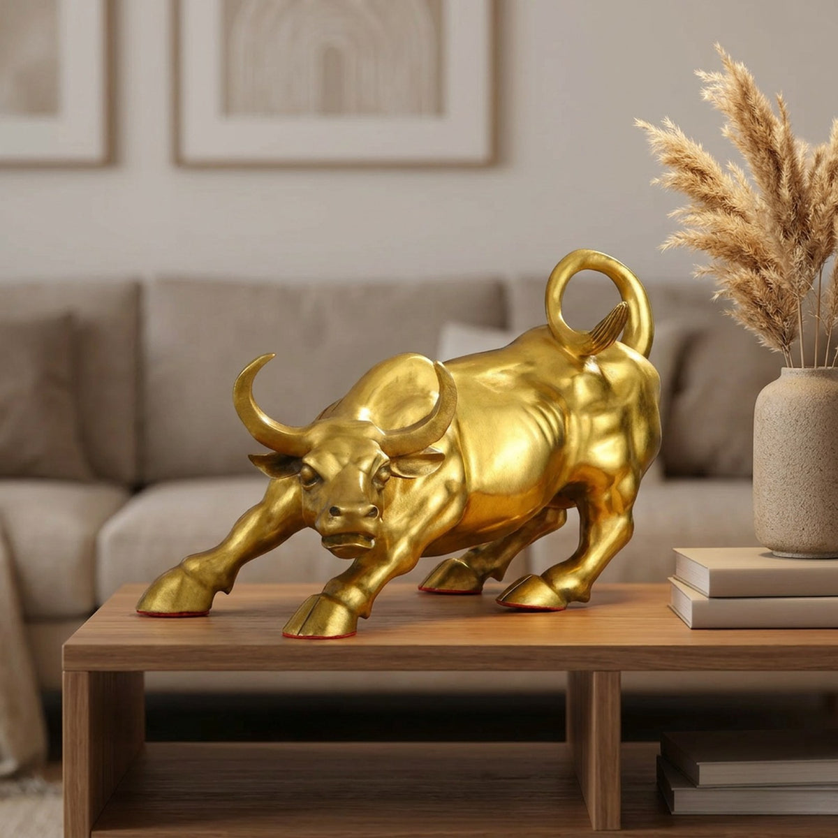 Statue taureau doré sur une console de salon avec vase et pampas séchées