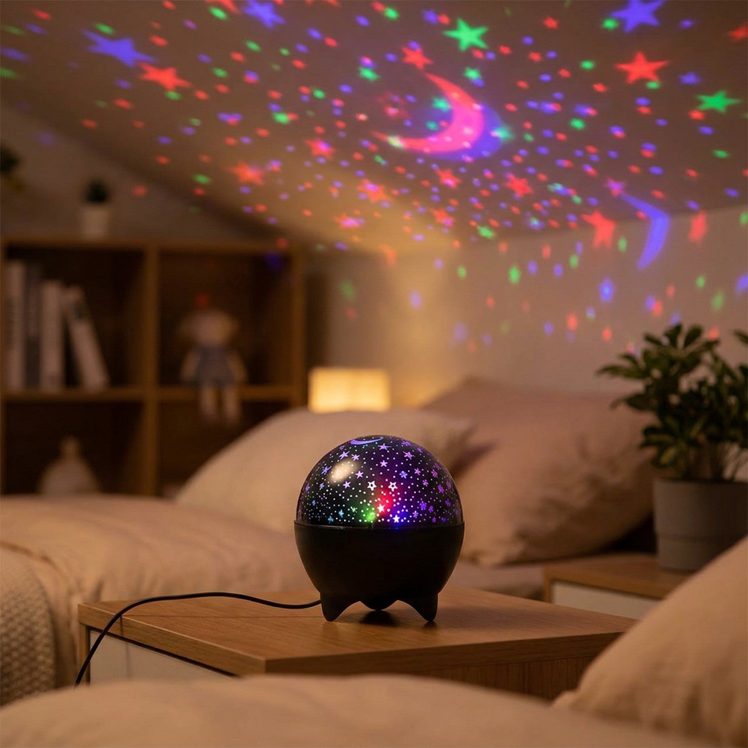 Veilleuse étoilée sur une table de nuit remplissant le plafond d'une chambre d'enfant d'étoiles et de lunes colorées