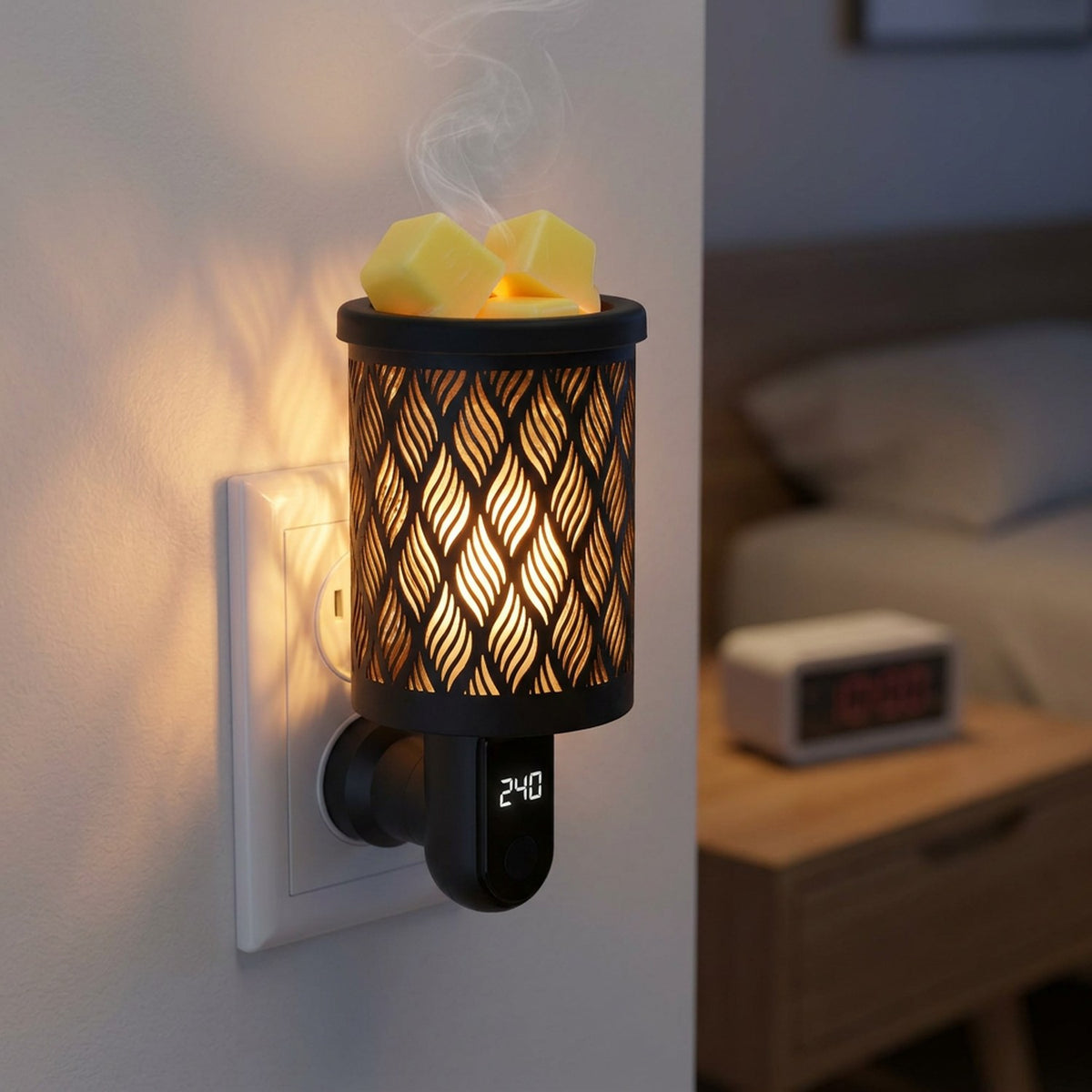 Brûle-parfum électrique branché près d'une table de chevet dans une chambre de nuit