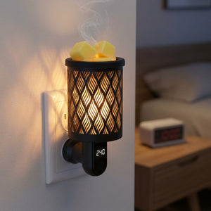 Brûle-parfum électrique branché près d'une table de chevet dans une chambre de nuit