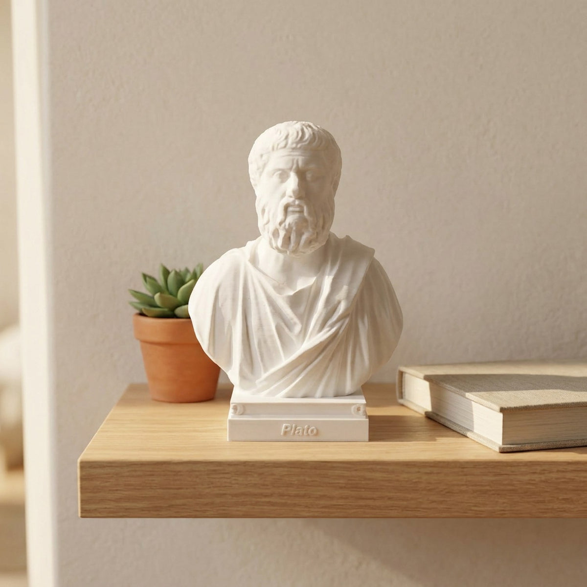 Buste de Platon sur étagère flottante bois avec succulente et livres