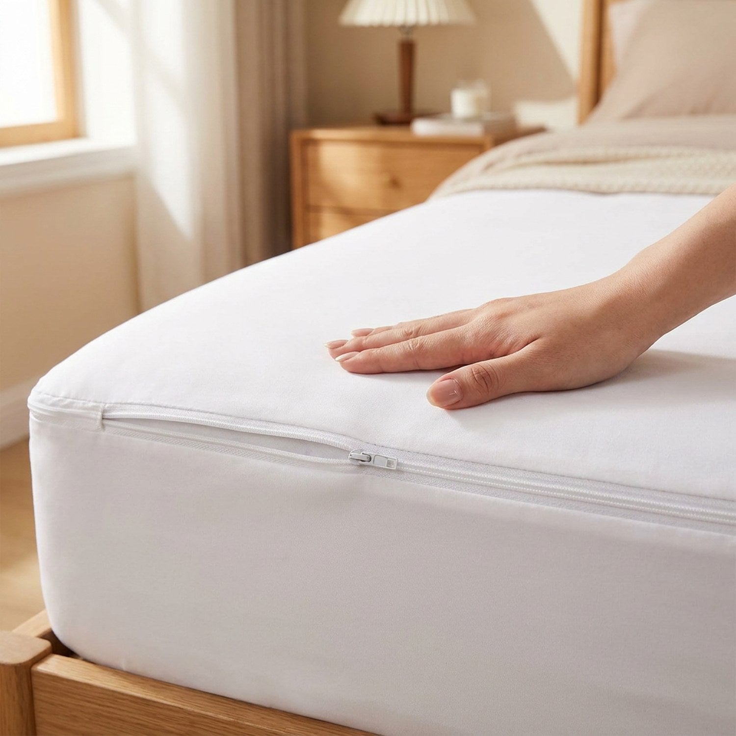 Gros plan sur la fermeture éclair et le tissu lisse du protège-matelas imperméable