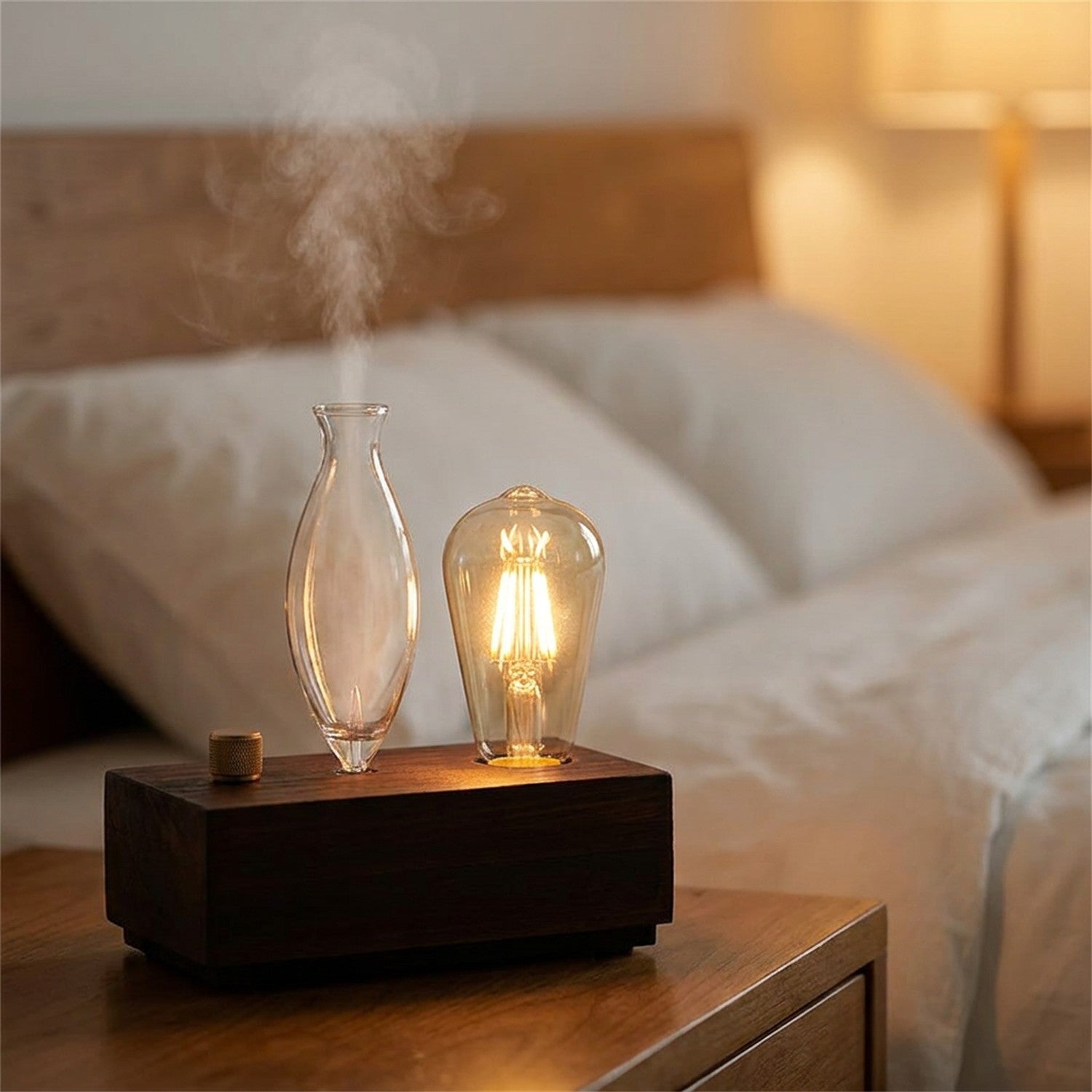 Diffuseur d'huile essentielle pose sur une table de chevet dans une chambre chaleureuse le soir
