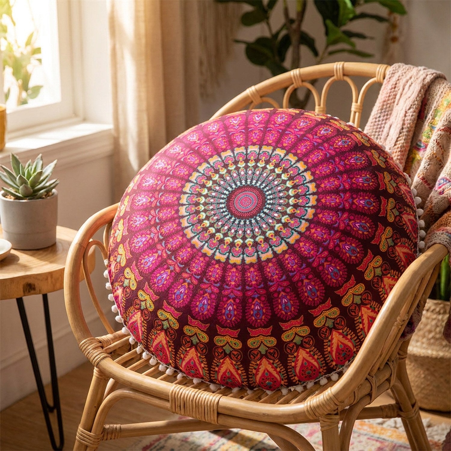 Housse de coussin mandala bordeaux posée sur un fauteuil en rotin près d'une fenêtre