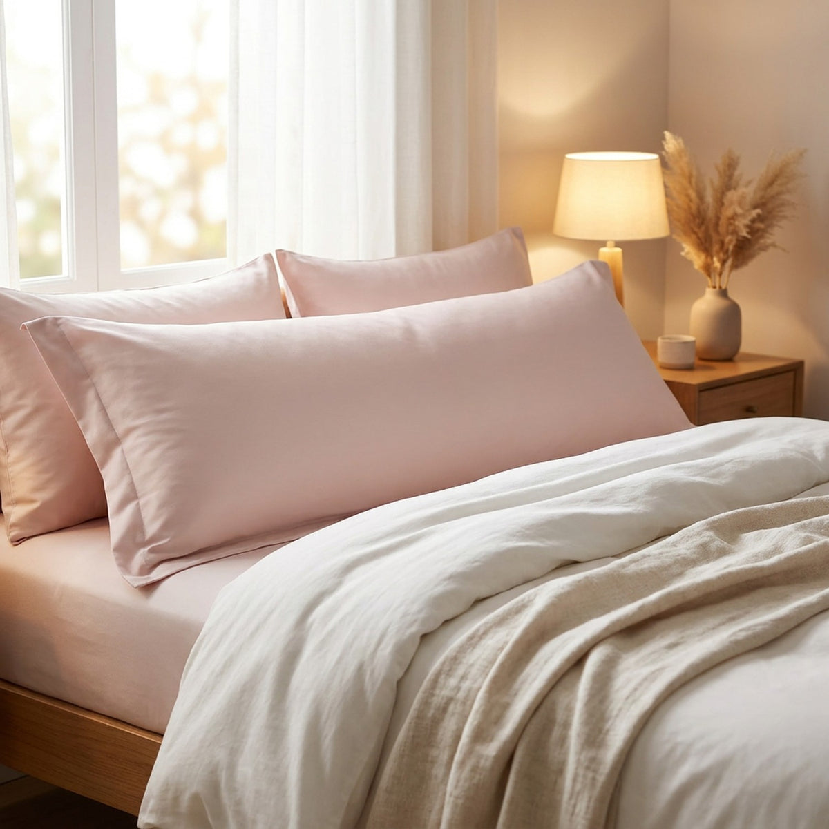 Taie d'oreiller longue rose sur un lit fait dans une chambre lumineuse et cosy
