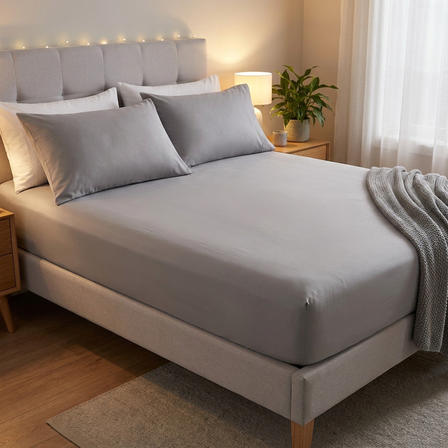 drap-housse en microfibre grise lisse et tendu sur un lit avec tête de lit rembourrée