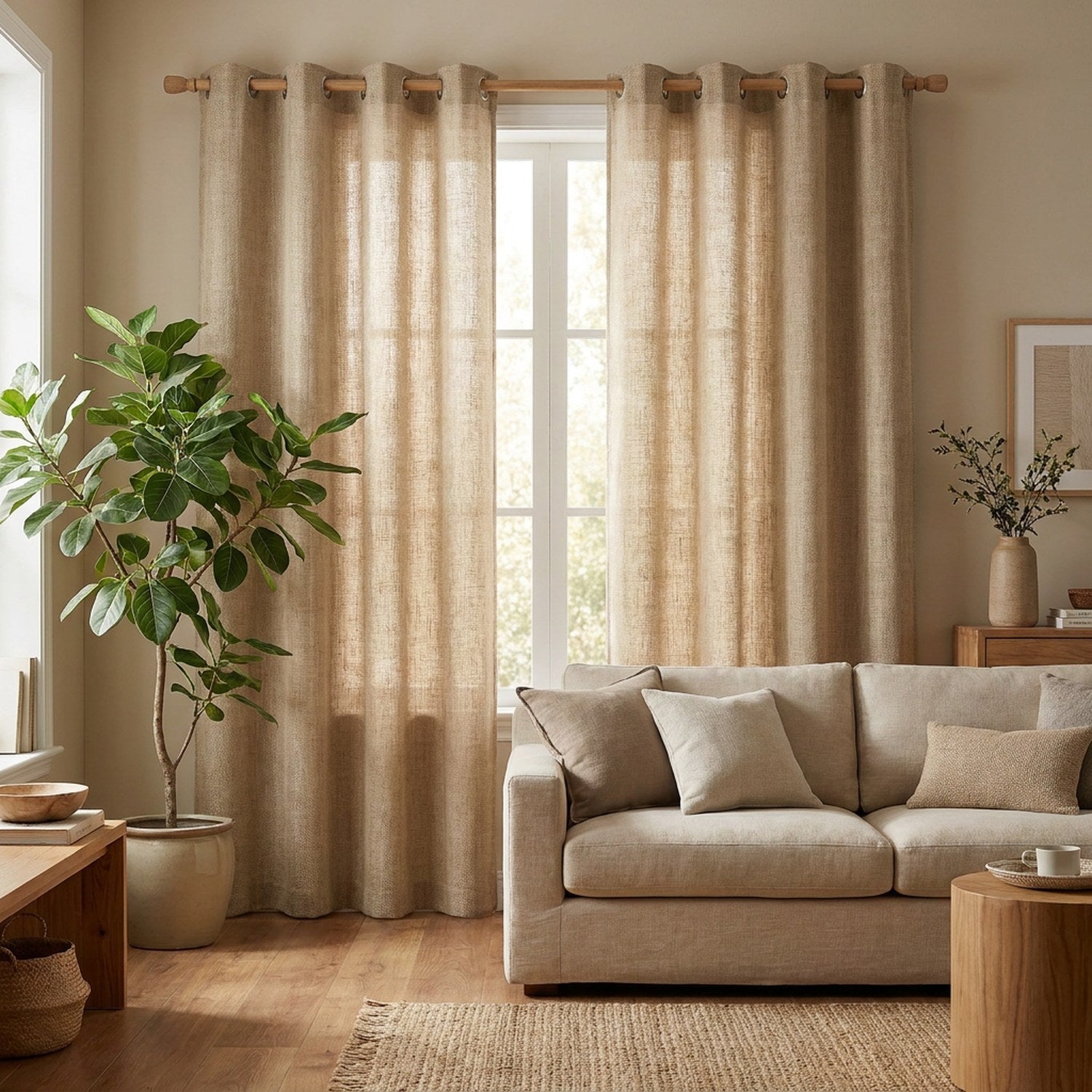 Rideau en lin beige à œillets dans un salon naturel avec canapé en lin et plante verte