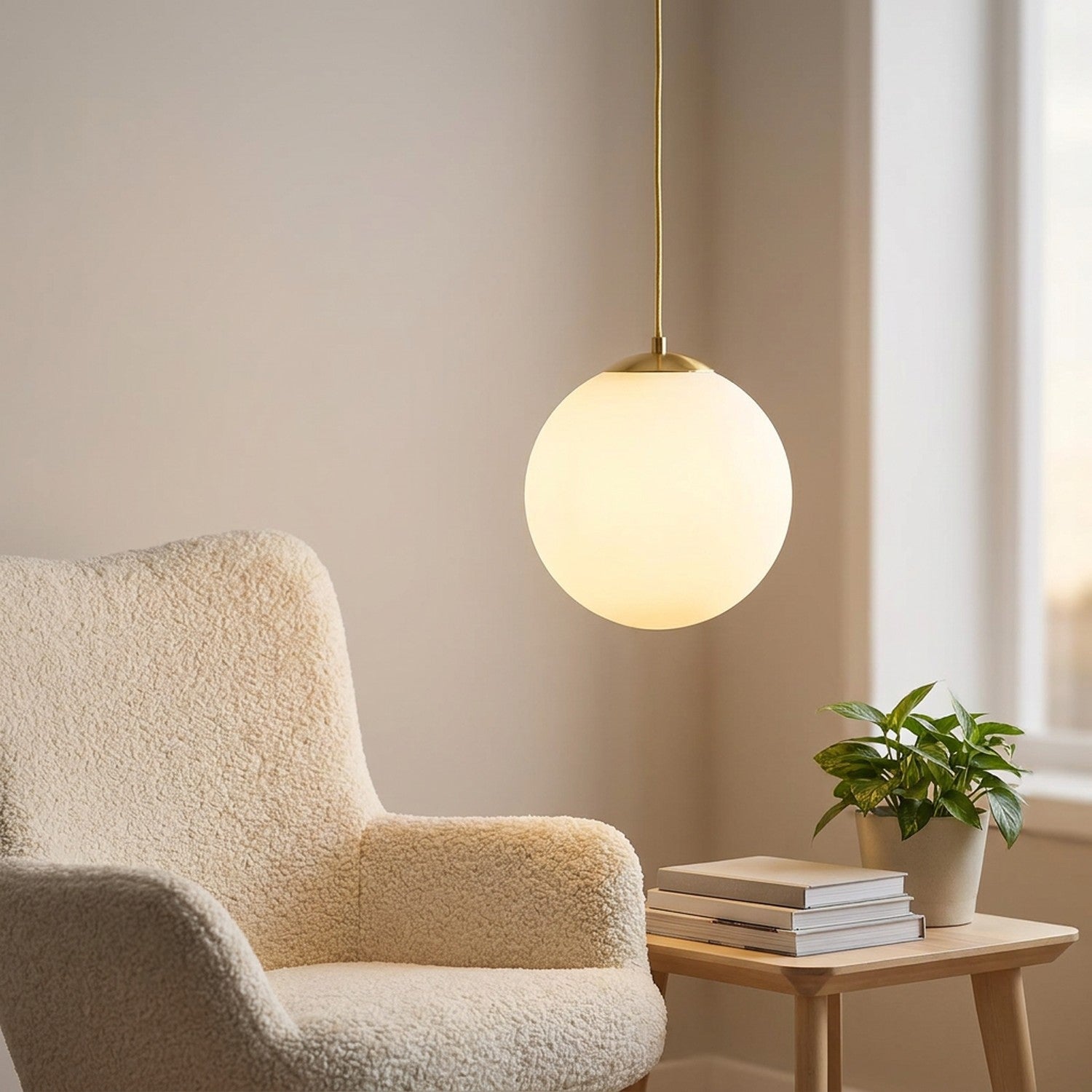 Suspension boule de verre dorée près d'un fauteuil cocooning en salon