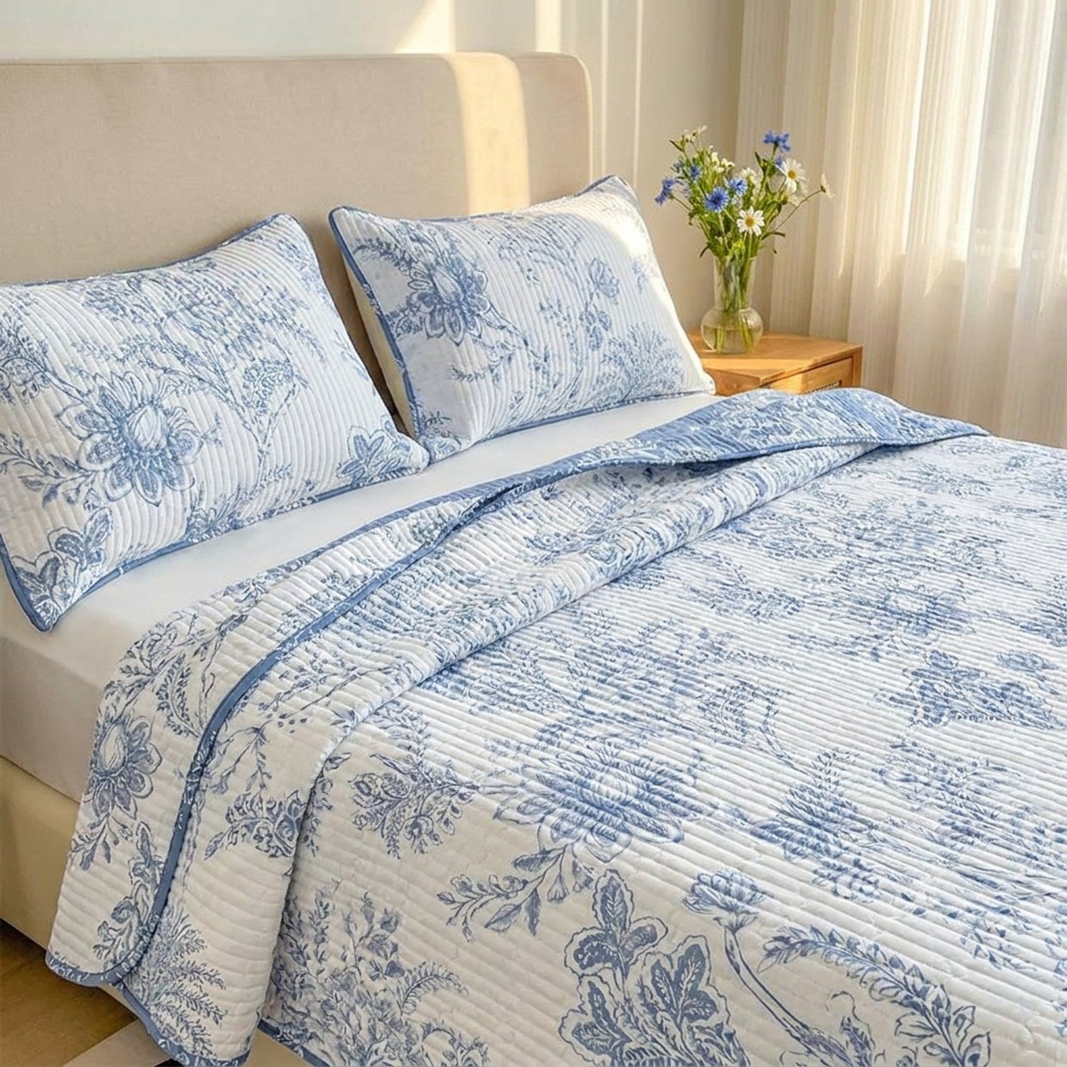 Taies d'oreiller assorties au couvre-lit fleuri bleu et blanc contre une tête de lit